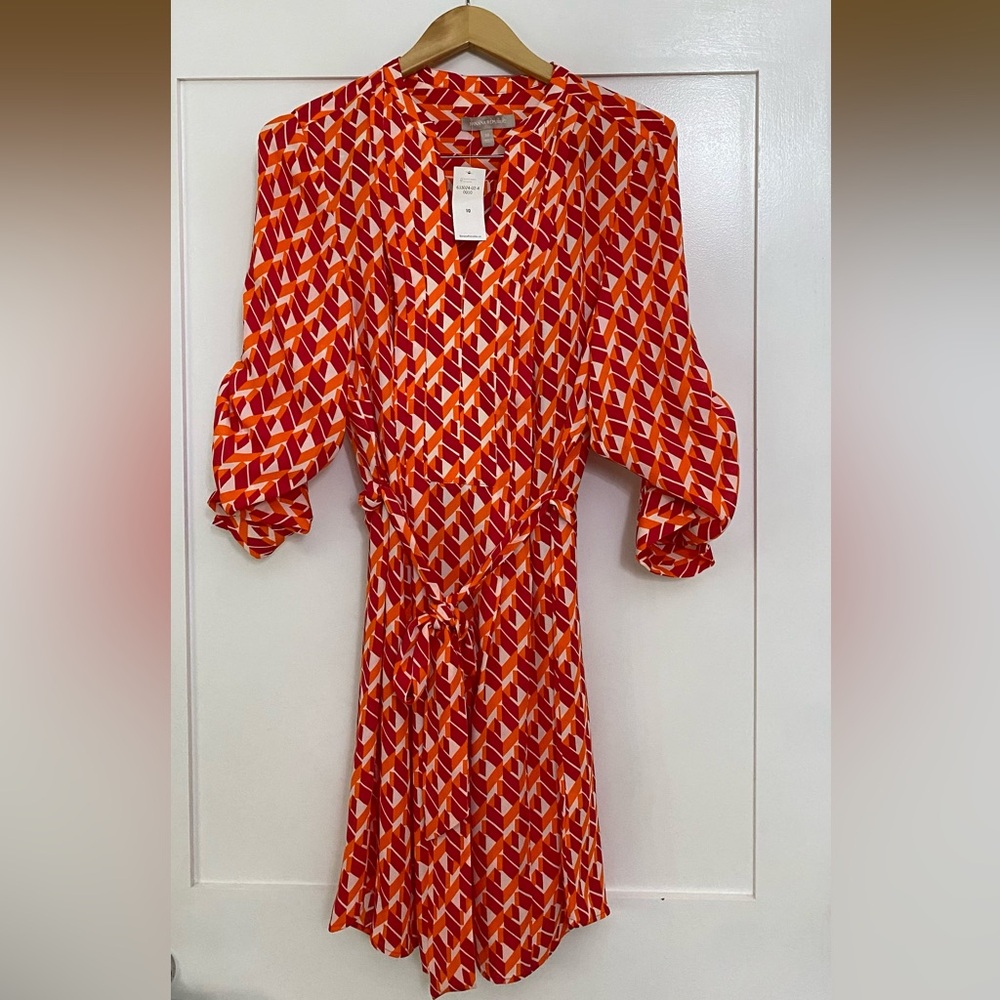 New Banana Republic Geometric Print Belt Front Pleated Dress OrangeMulti Size10 - Picture 5 of 15